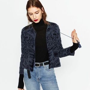 Zara Embroidered Blue Cropped Jacket with Tassels